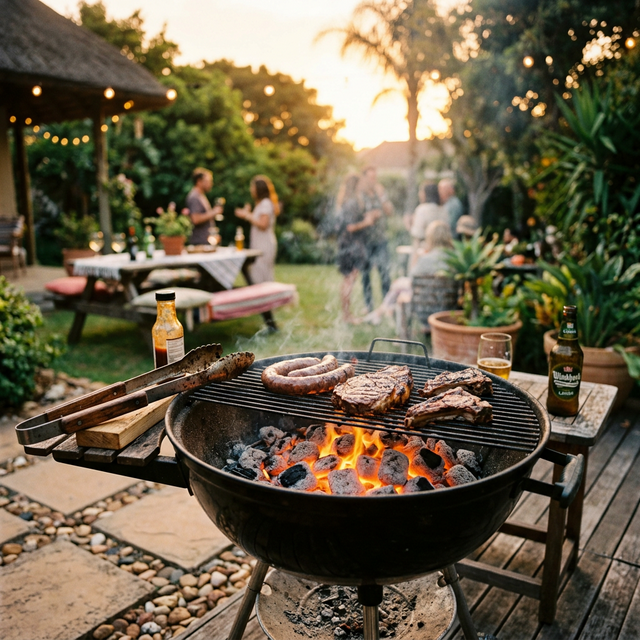 Outdoor braai scene at sunset
