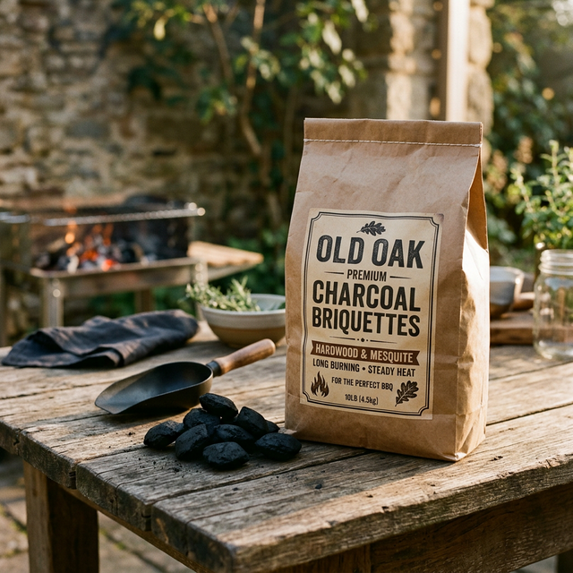 Product packaging on a rustic wooden surface